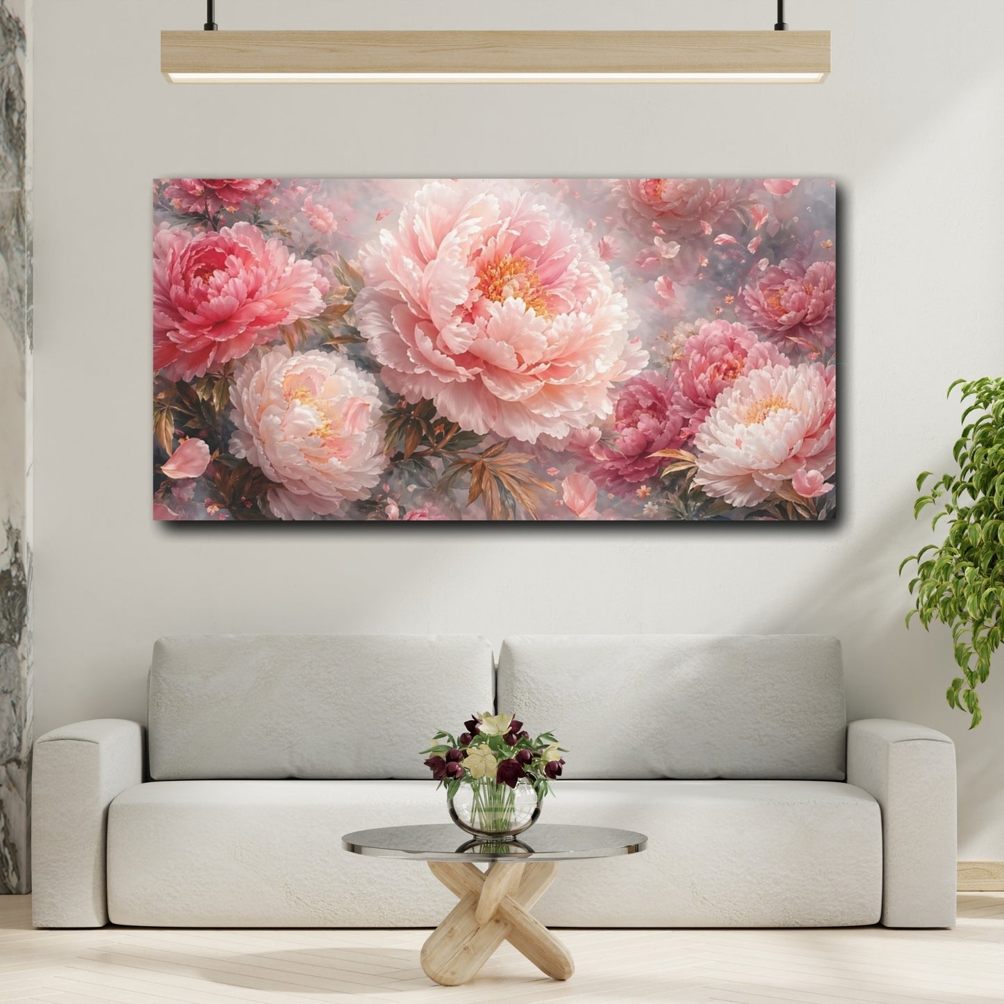 Mockup 3. Floral Peonies Pink Peonies shown as stretched canvas wall art