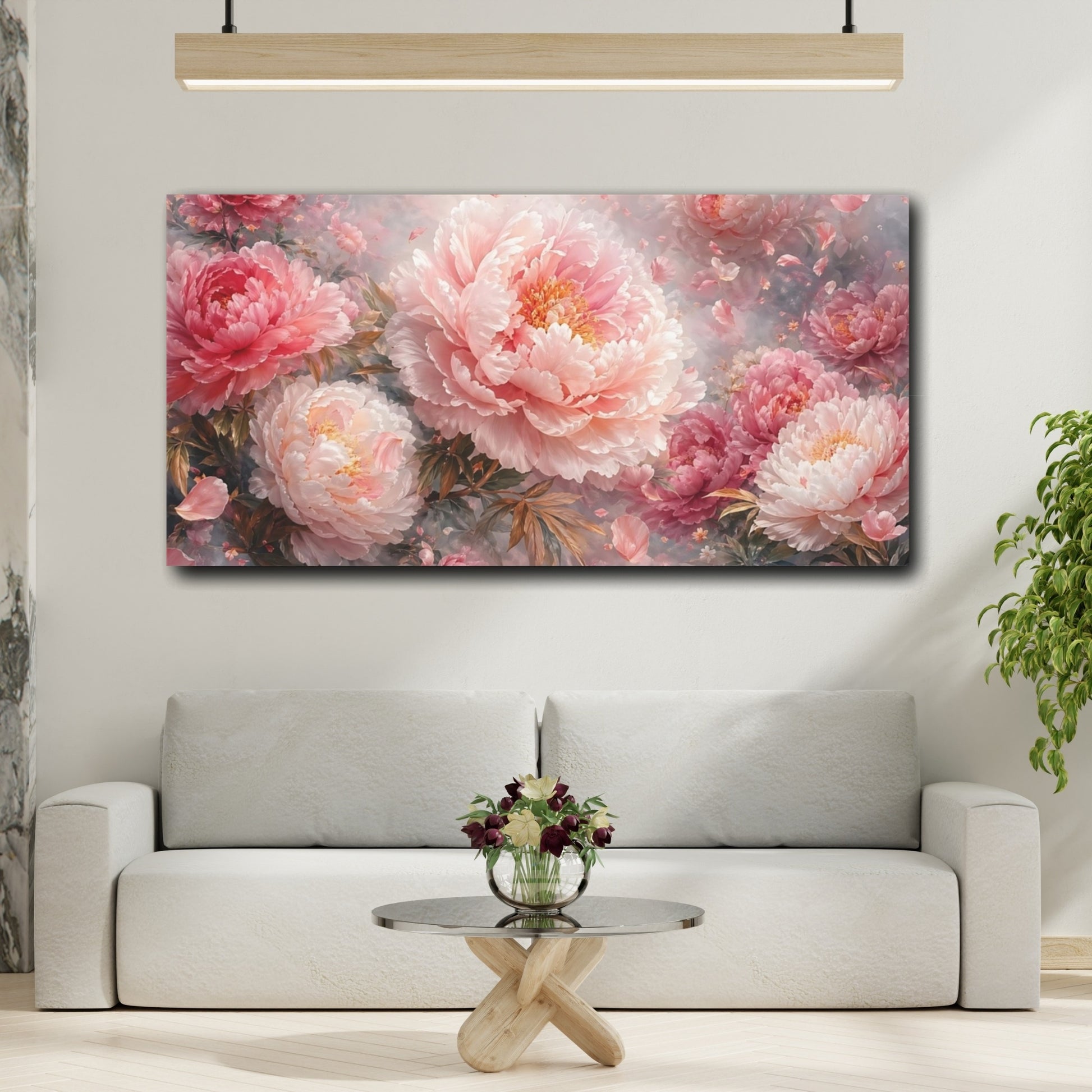 Mockup 3. Floral Peonies Pink Peonies shown as stretched canvas wall art