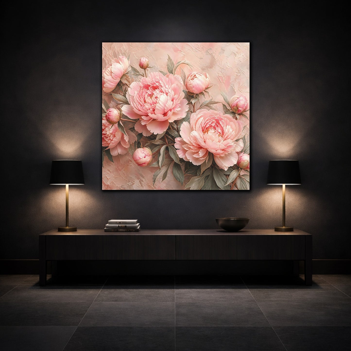 Mockup 3. Floral Peonies Pink Peonies shown as stretched canvas wall art