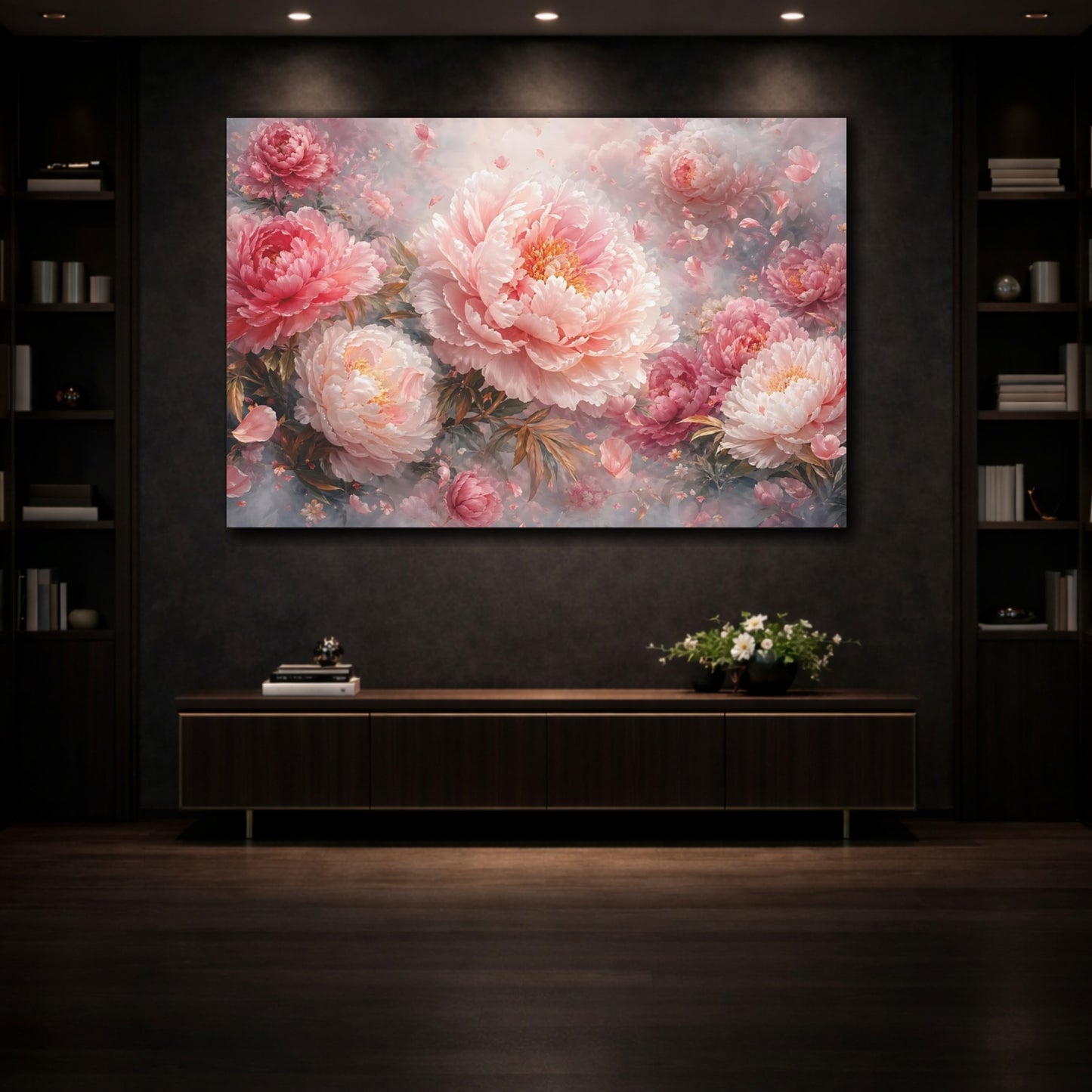 Mockup 3. Floral Peonies Pink Peonies shown as stretched canvas wall art