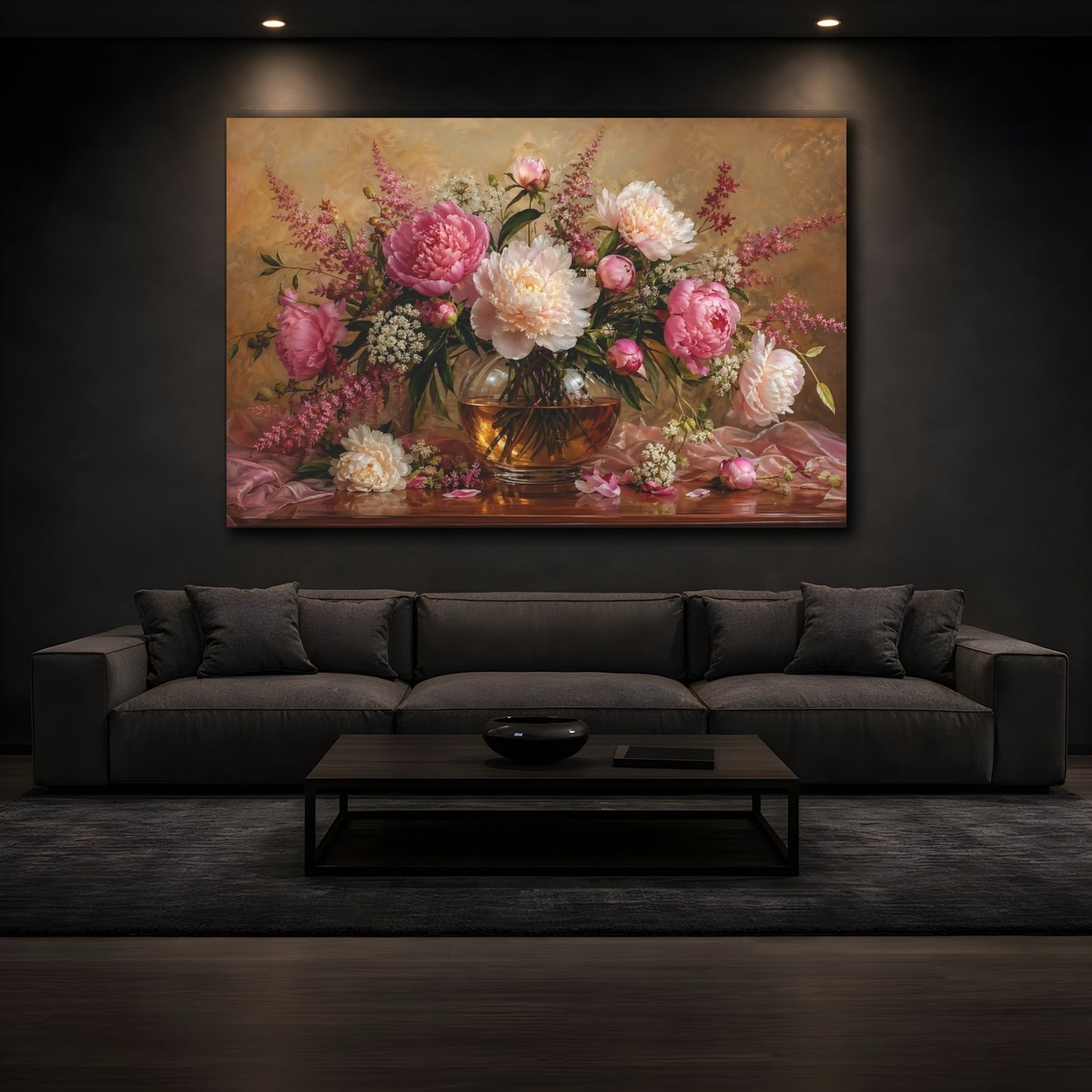 Mockup 3. Floral Peonies Pink Peonies shown as stretched canvas wall art