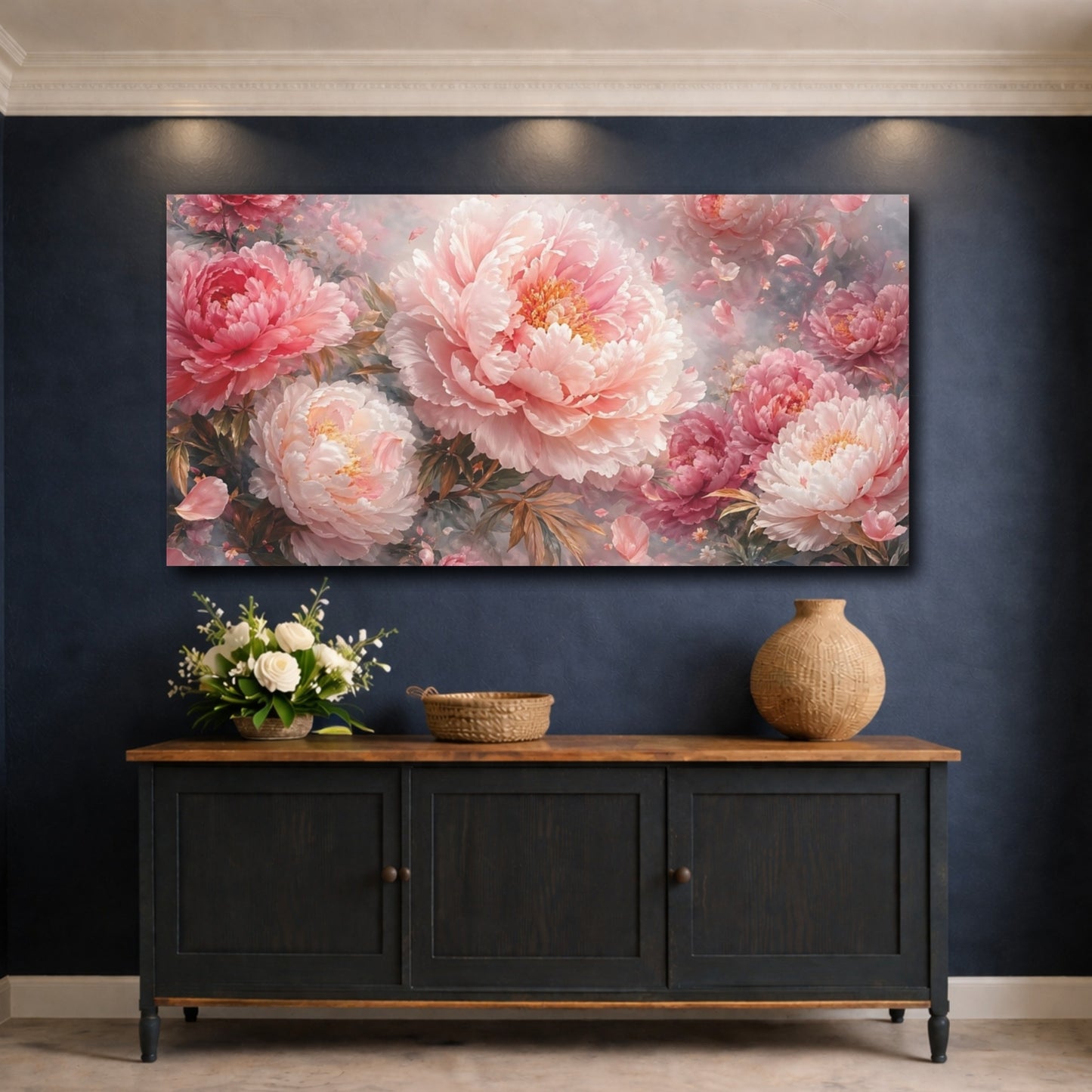 Mockup 4. Floral Peonies Pink Peonies shown as stretched canvas wall art