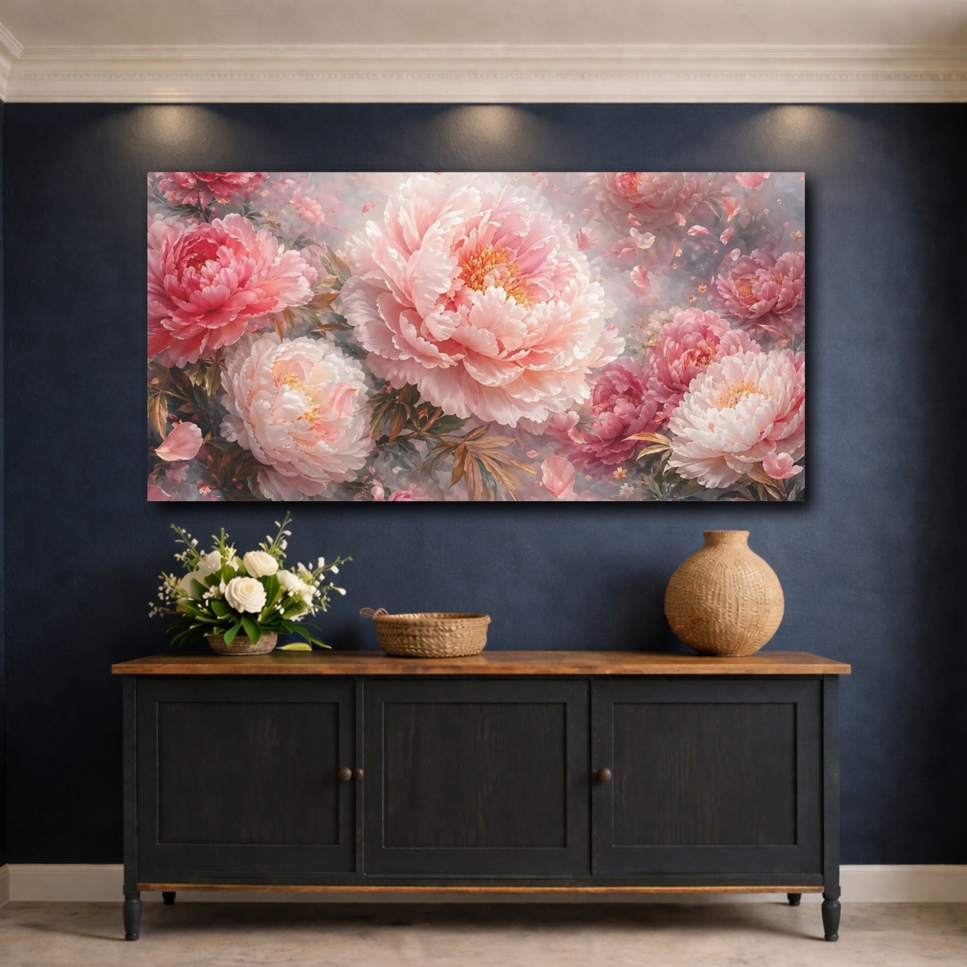 Mockup 4. Floral Peonies Pink Peonies shown as stretched canvas wall art