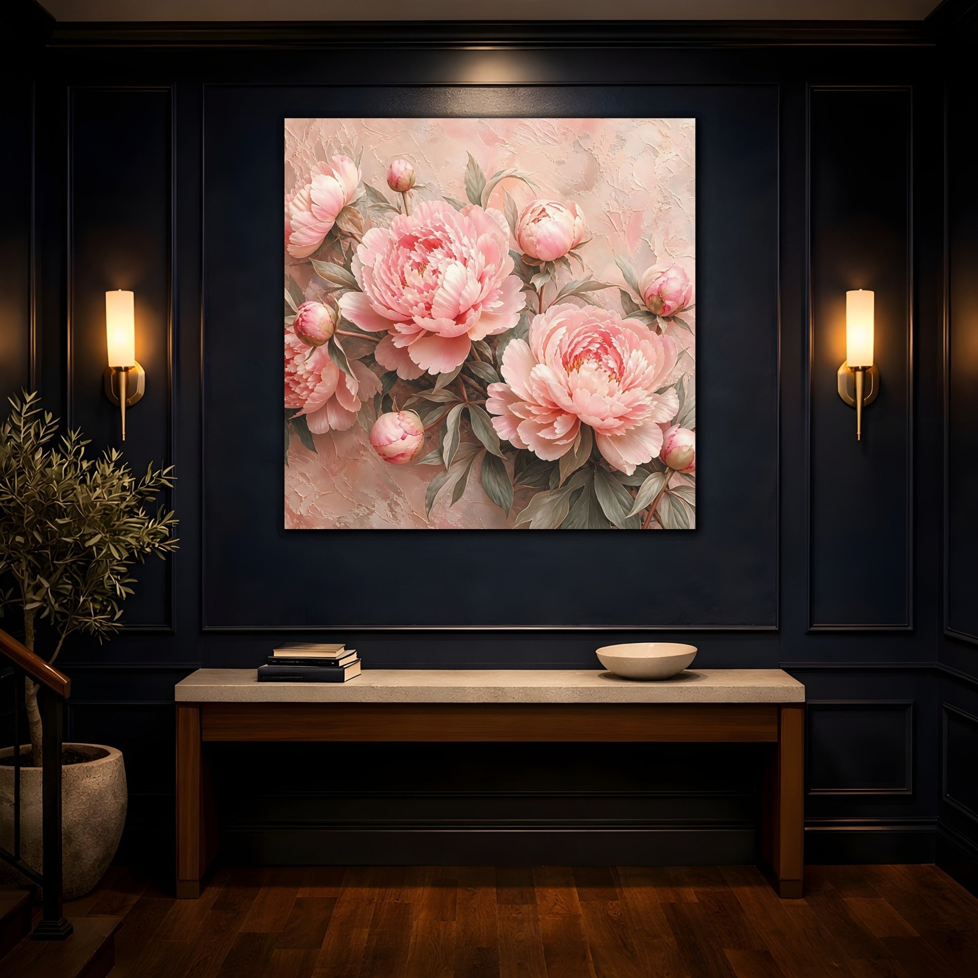 Mockup 4. Floral Peonies Pink Peonies shown as stretched canvas wall art