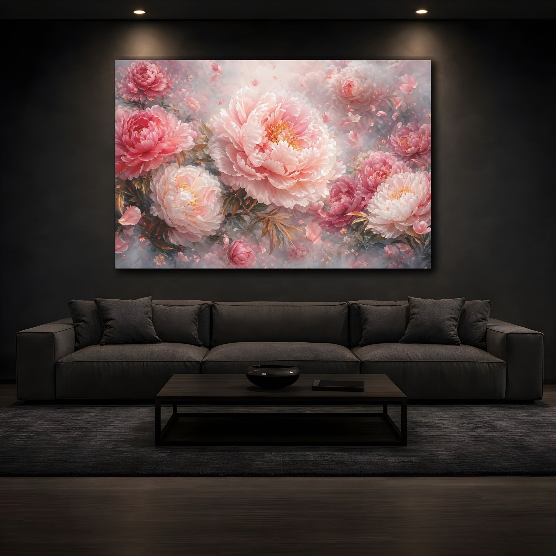 Mockup 4. Floral Peonies Pink Peonies shown as stretched canvas wall art