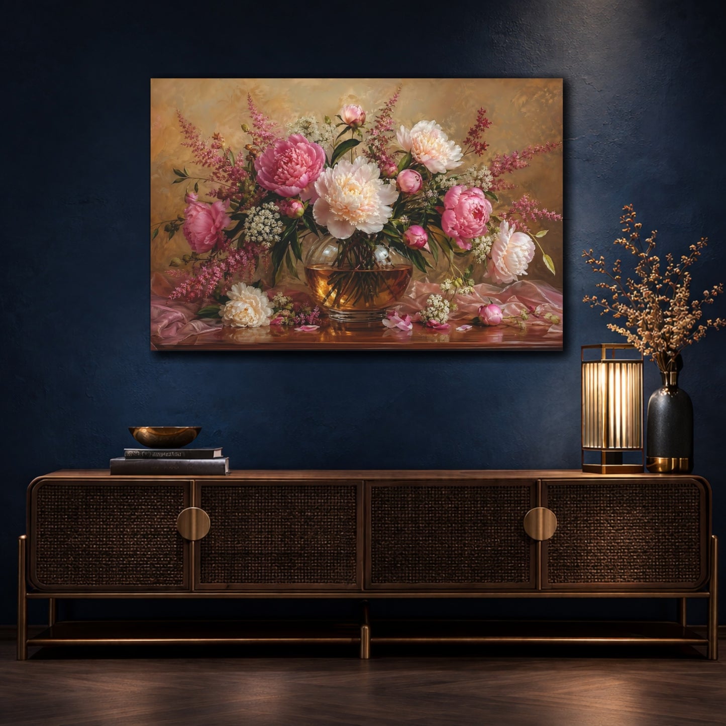 Mockup 4. Floral Peonies Pink Peonies shown as stretched canvas wall art