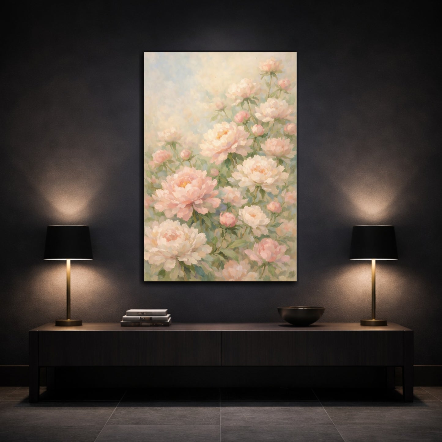 Mockup 2. Floral Peonies Pink Peony Floral shown as stretched canvas wall art