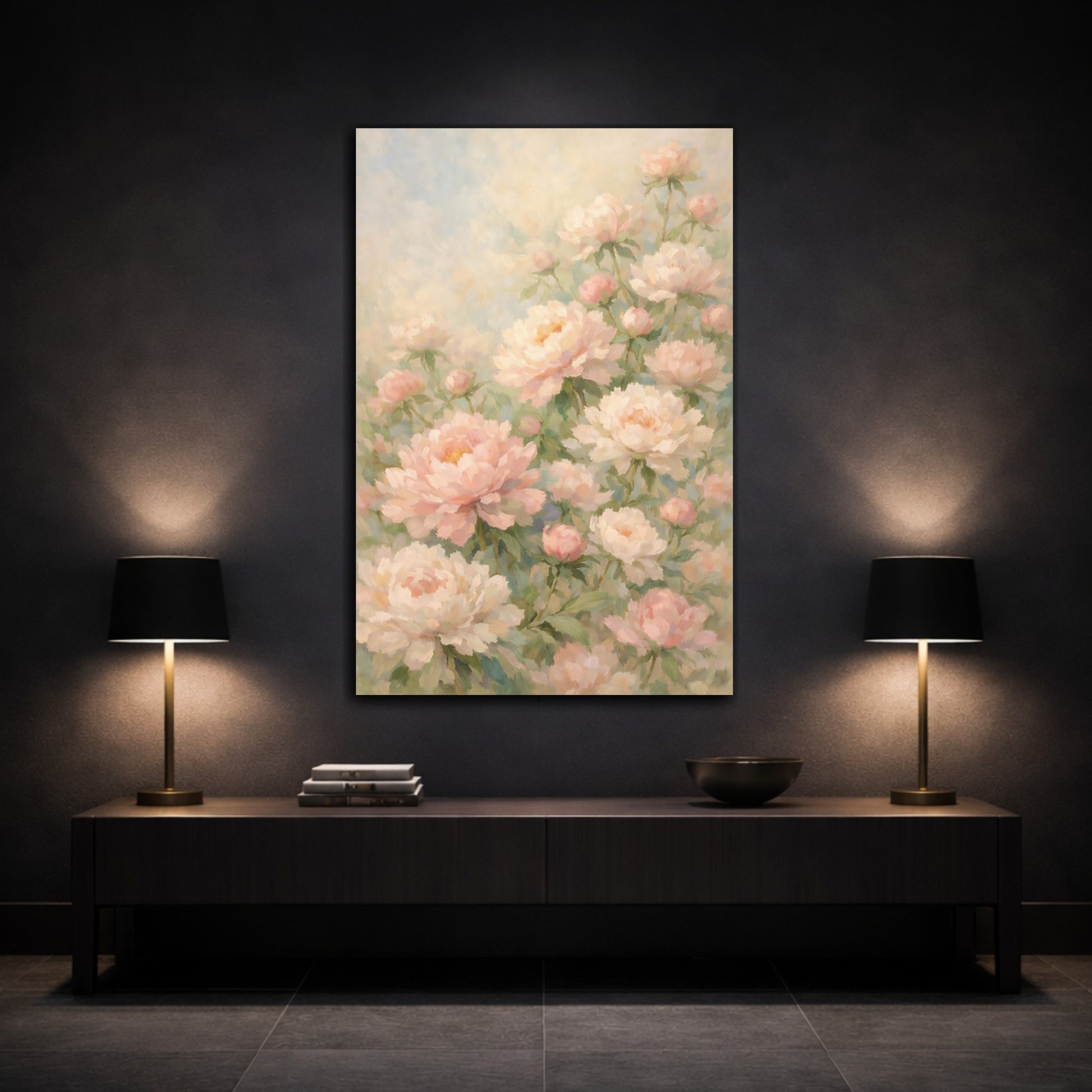 Mockup 2. Floral Peonies Pink Peony Floral shown as stretched canvas wall art