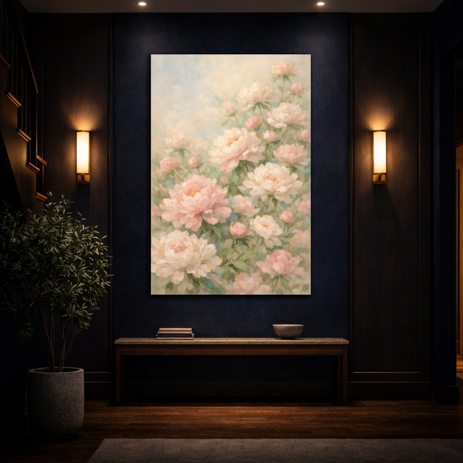 Mockup 4. Floral Peonies Pink Peony Floral shown as stretched canvas wall art