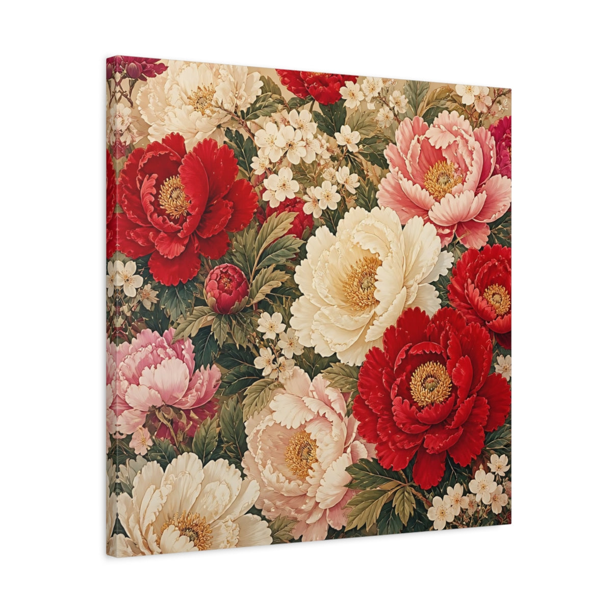 Side Mockup 4. Floral Peonies Red And White Floral shown as stretched canvas wall art