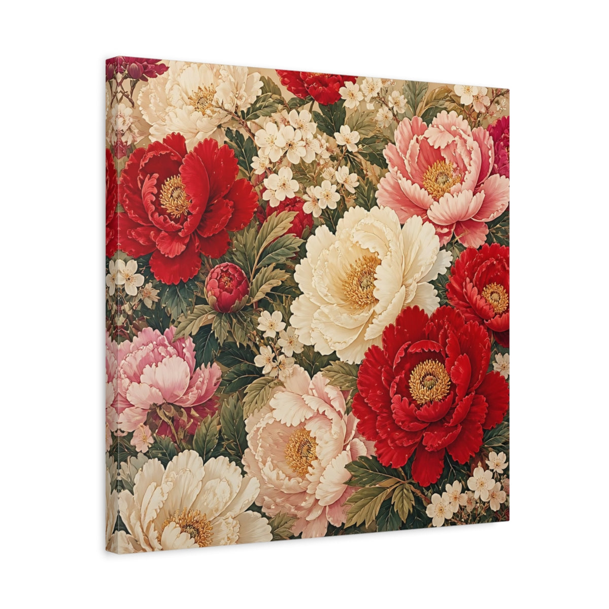 Side Mockup 5. Floral Peonies Red And White Floral shown as stretched canvas wall art