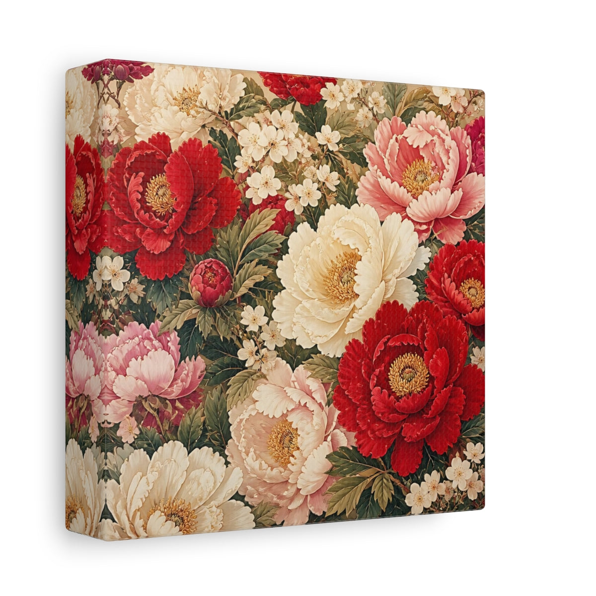 Side Mockup 2. Floral Peonies Red And White Floral shown as stretched canvas wall art