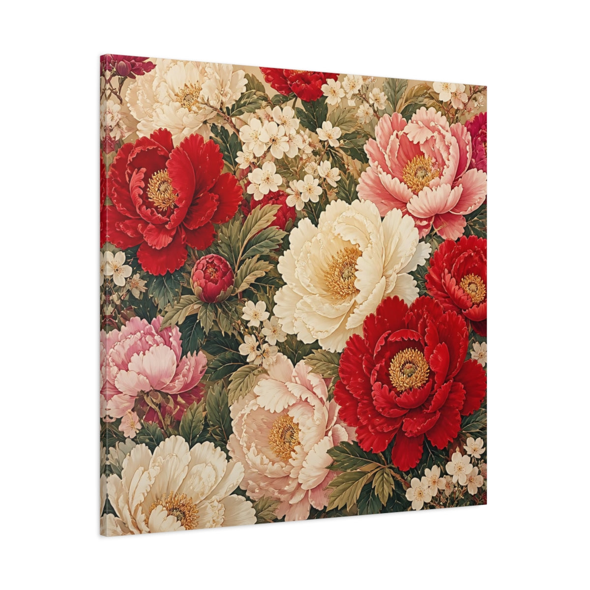 Side Mockup 1. Floral Peonies Red And White Floral shown as stretched canvas wall art