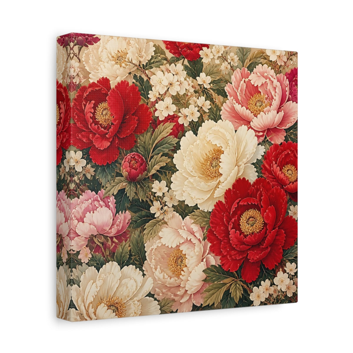 Side Mockup 9. Floral Peonies Red And White Floral shown as stretched canvas wall art