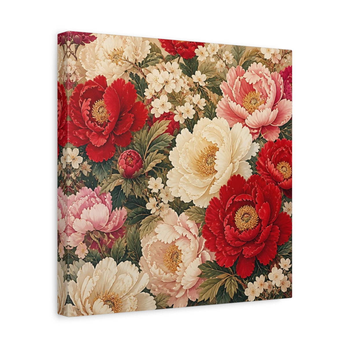 Side Mockup 7. Floral Peonies Red And White Floral shown as stretched canvas wall art