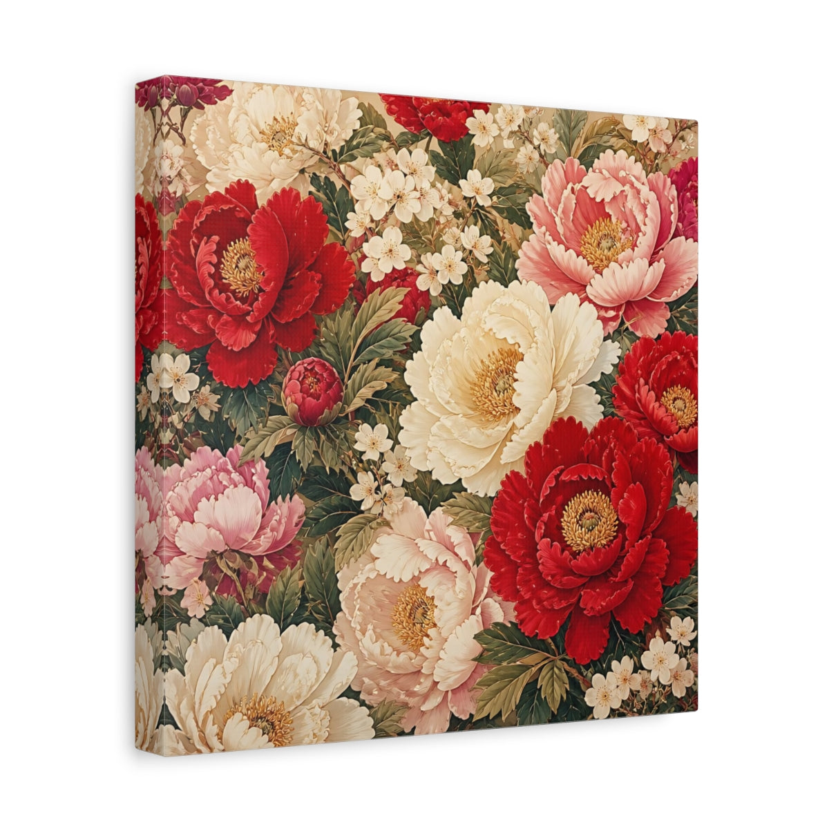 Side Mockup 8. Floral Peonies Red And White Floral shown as stretched canvas wall art