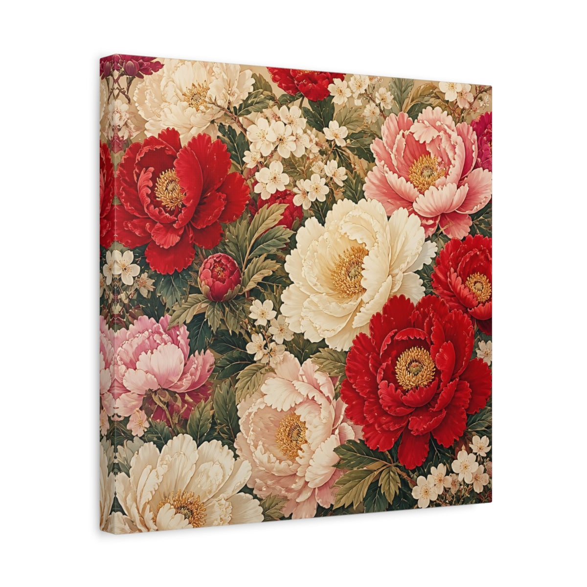 Side Mockup 6. Floral Peonies Red And White Floral shown as stretched canvas wall art