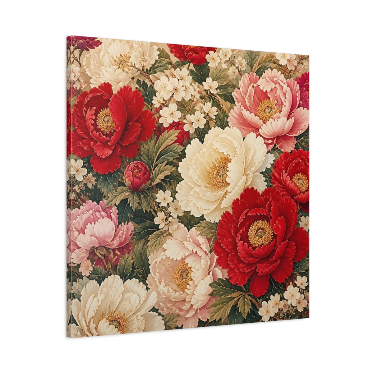 Main Mockup. Floral Peonies Red And White Floral shown as stretched canvas wall art