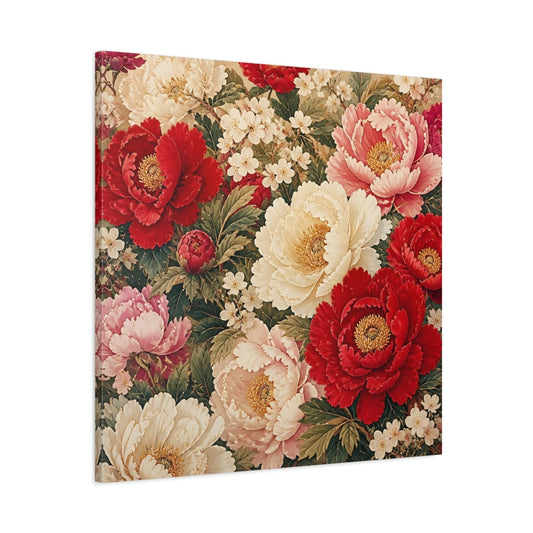 Main Mockup. Floral Peonies Red And White Floral shown as stretched canvas wall art