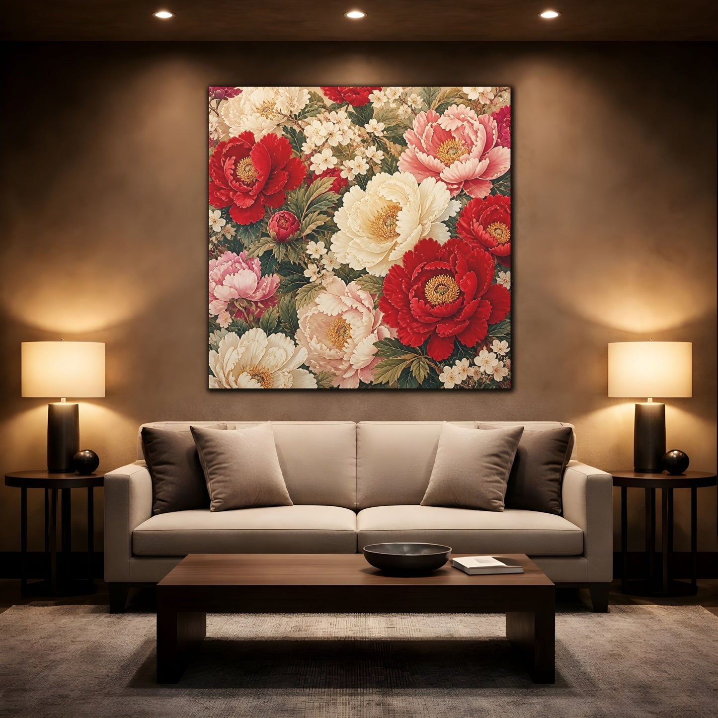 Mockup 2. Floral Peonies Red And White Floral shown as stretched canvas wall art