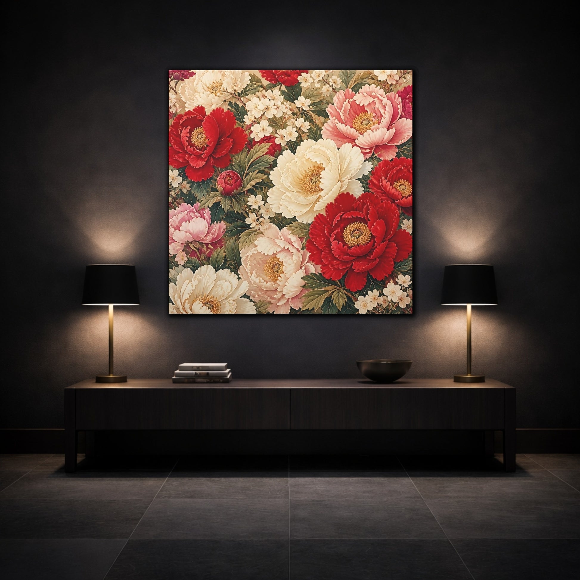 Mockup 3. Floral Peonies Red And White Floral shown as stretched canvas wall art