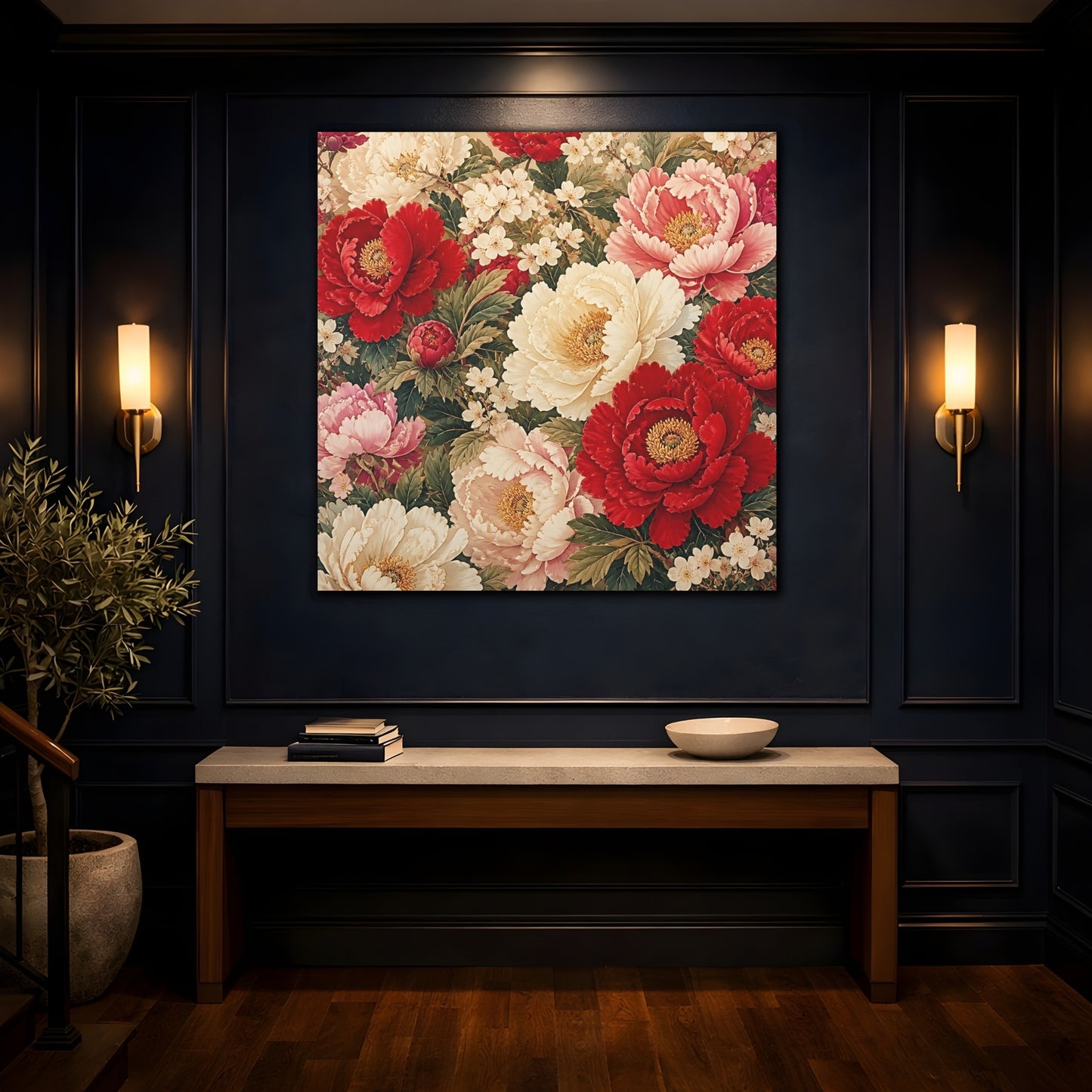 Mockup 4. Floral Peonies Red And White Floral shown as stretched canvas wall art
