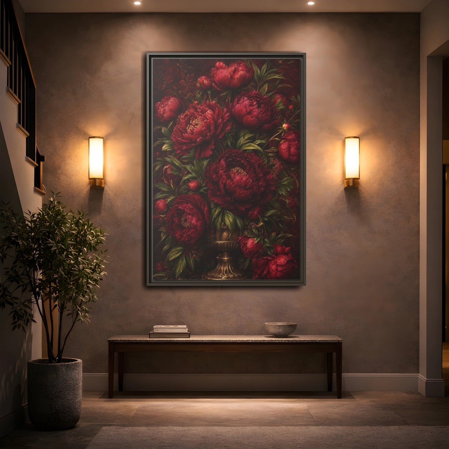 Floral Peonies Red Framed Canvas Print – Living Room, Above Sofa, Burgundy - YesArtYes
