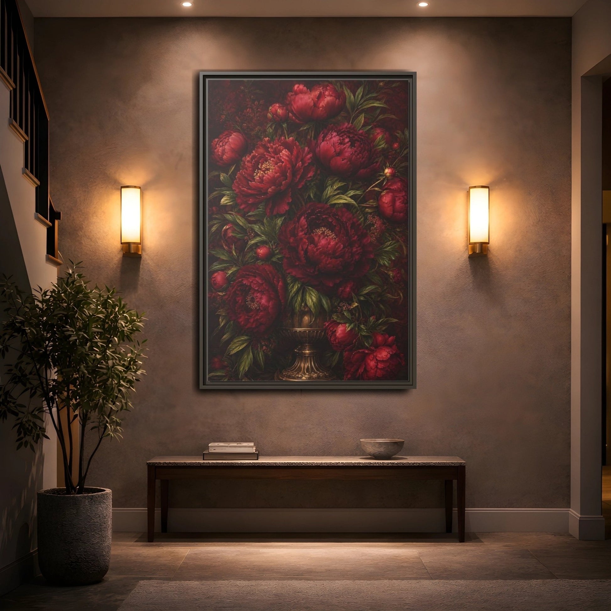 Floral Peonies Red Framed Canvas Print – Living Room, Above Sofa, Burgundy - YesArtYes