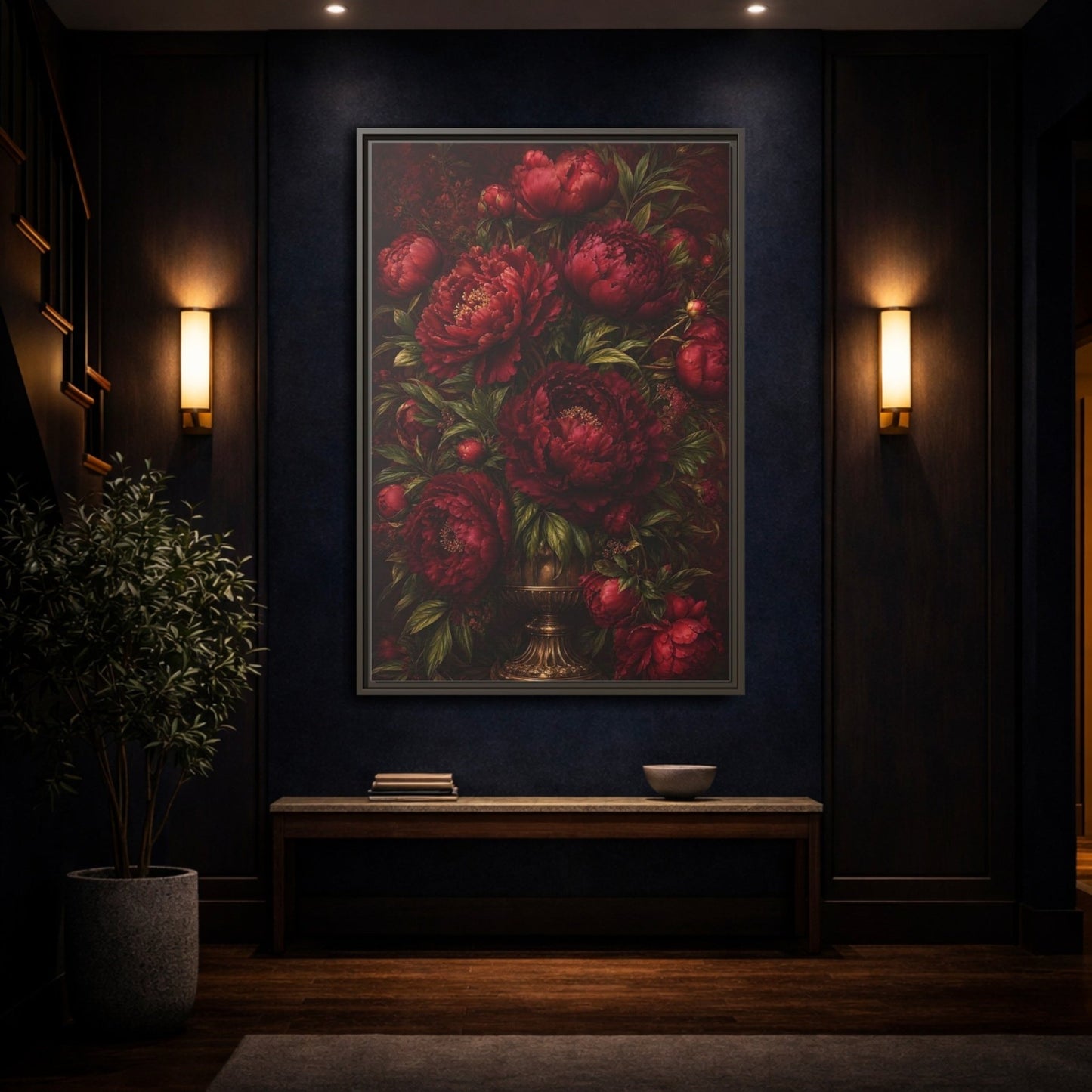 Floral Peonies Red Framed Canvas Print – Living Room, Above Sofa, Burgundy - YesArtYes