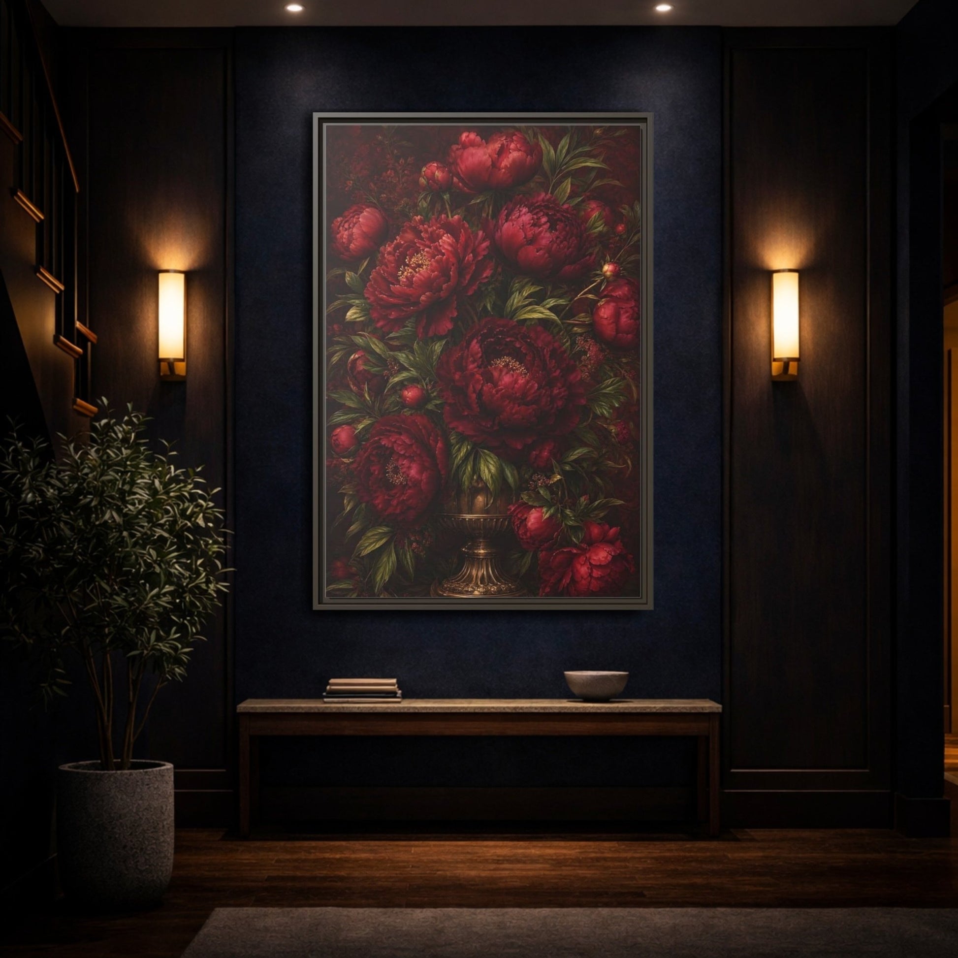Floral Peonies Red Framed Canvas Print – Living Room, Above Sofa, Burgundy - YesArtYes