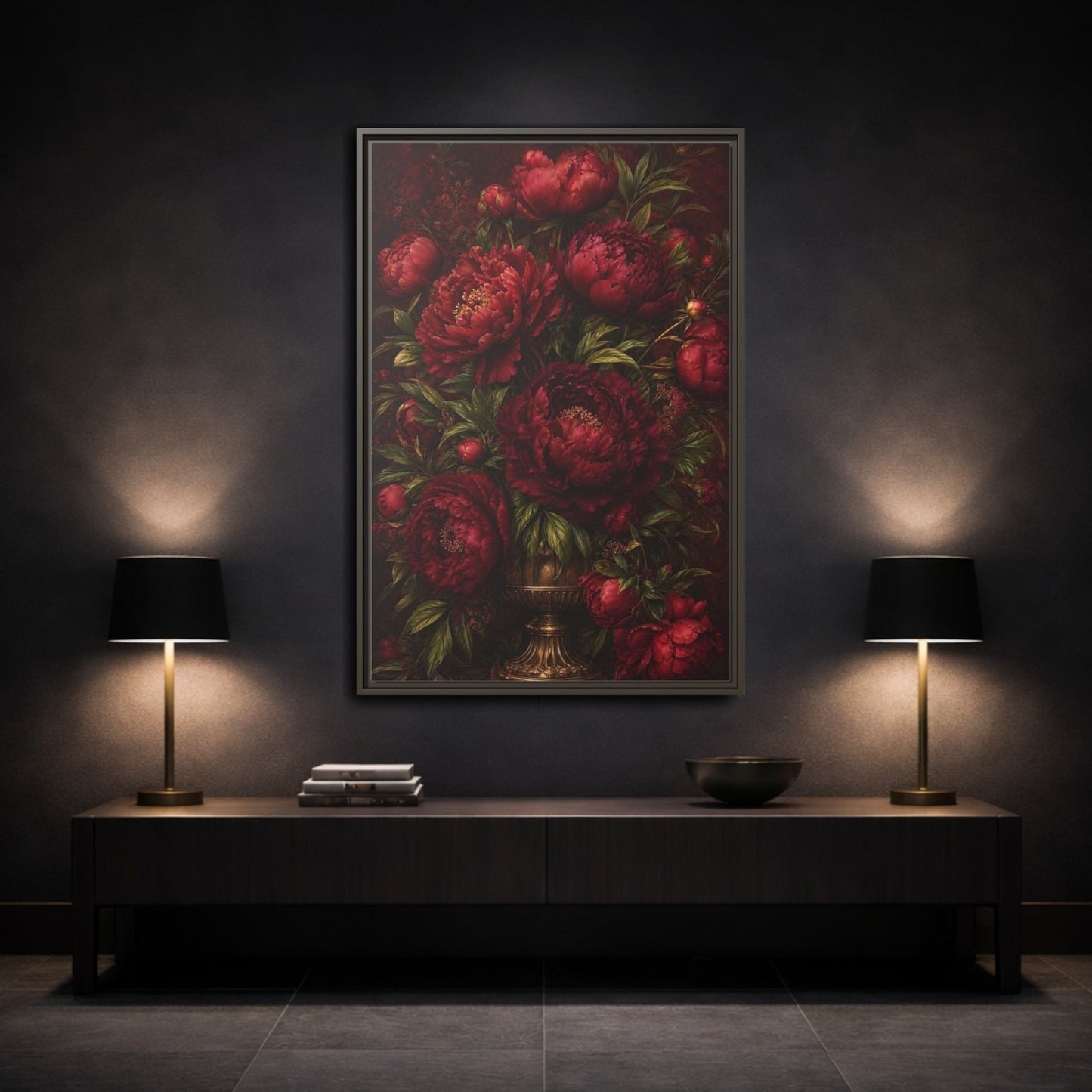 Floral Peonies Red Framed Canvas Print – Living Room, Above Sofa, Burgundy - YesArtYes