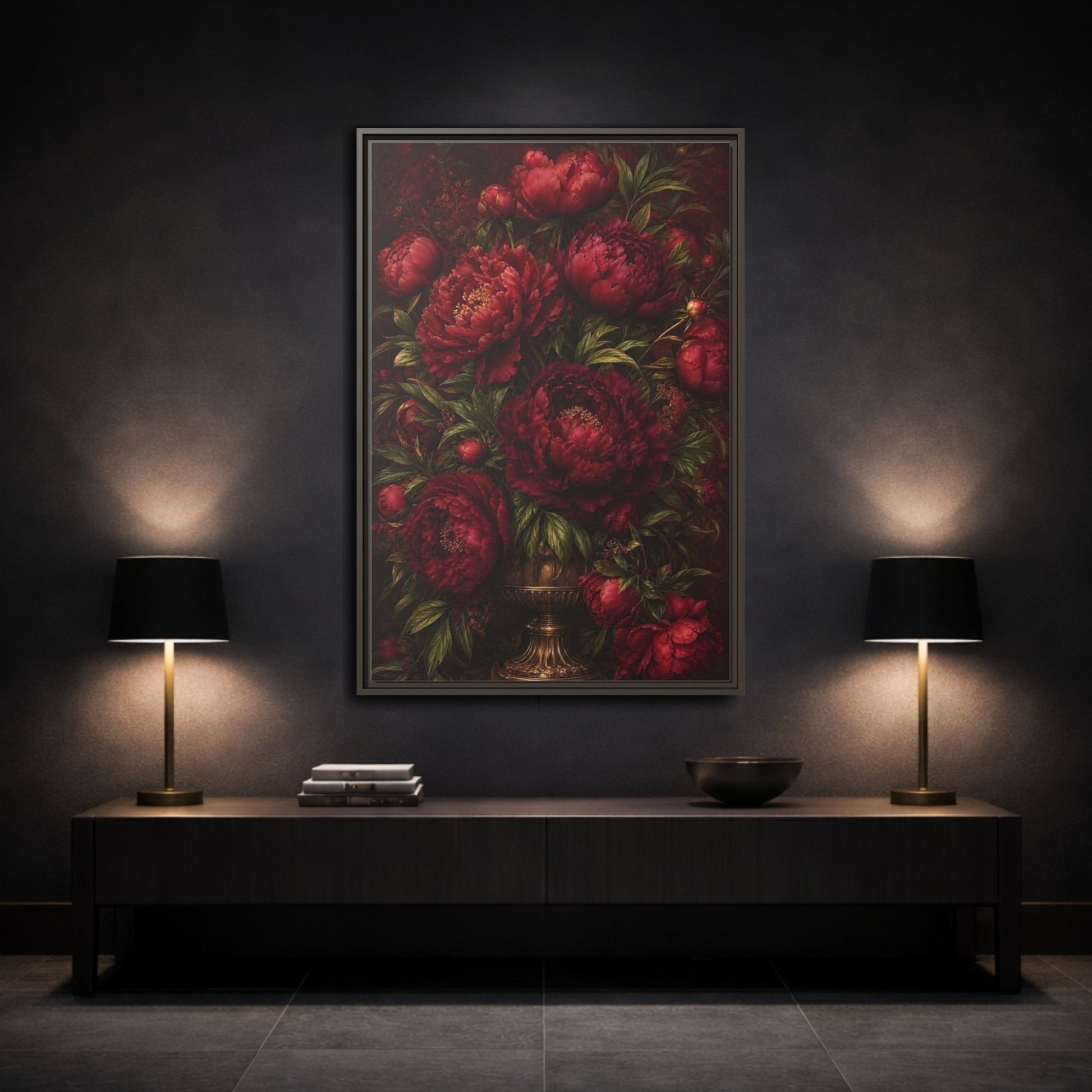 Floral Peonies Red Framed Canvas Print – Living Room, Above Sofa, Burgundy - YesArtYes