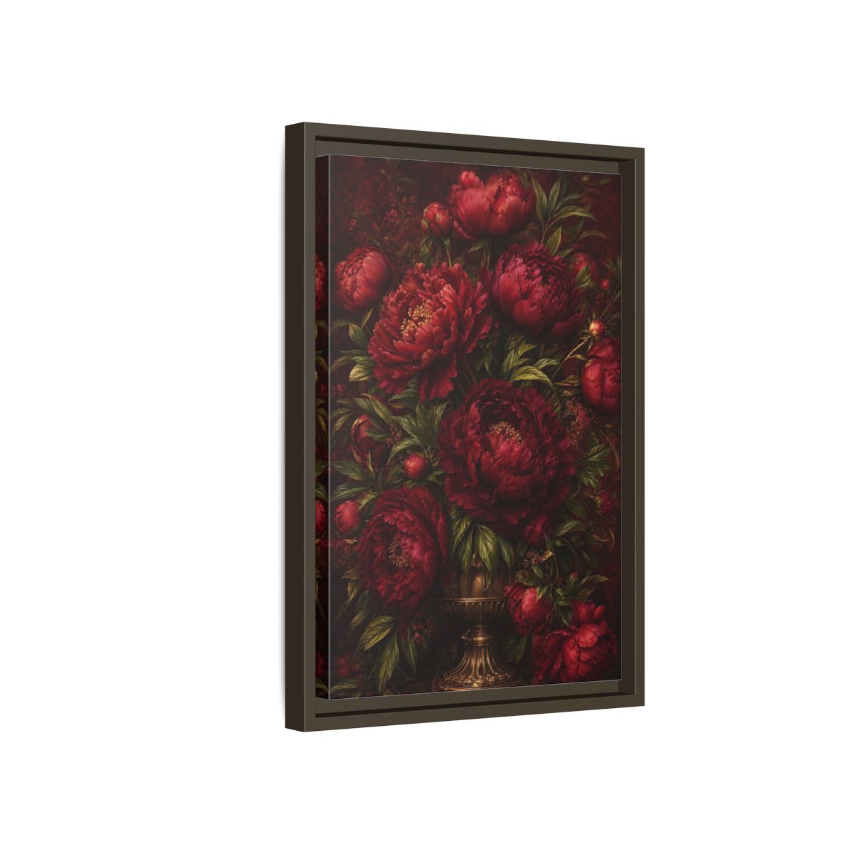 Side Mockup 5. Floral Peonies Red Peonies shown as framed canvas print