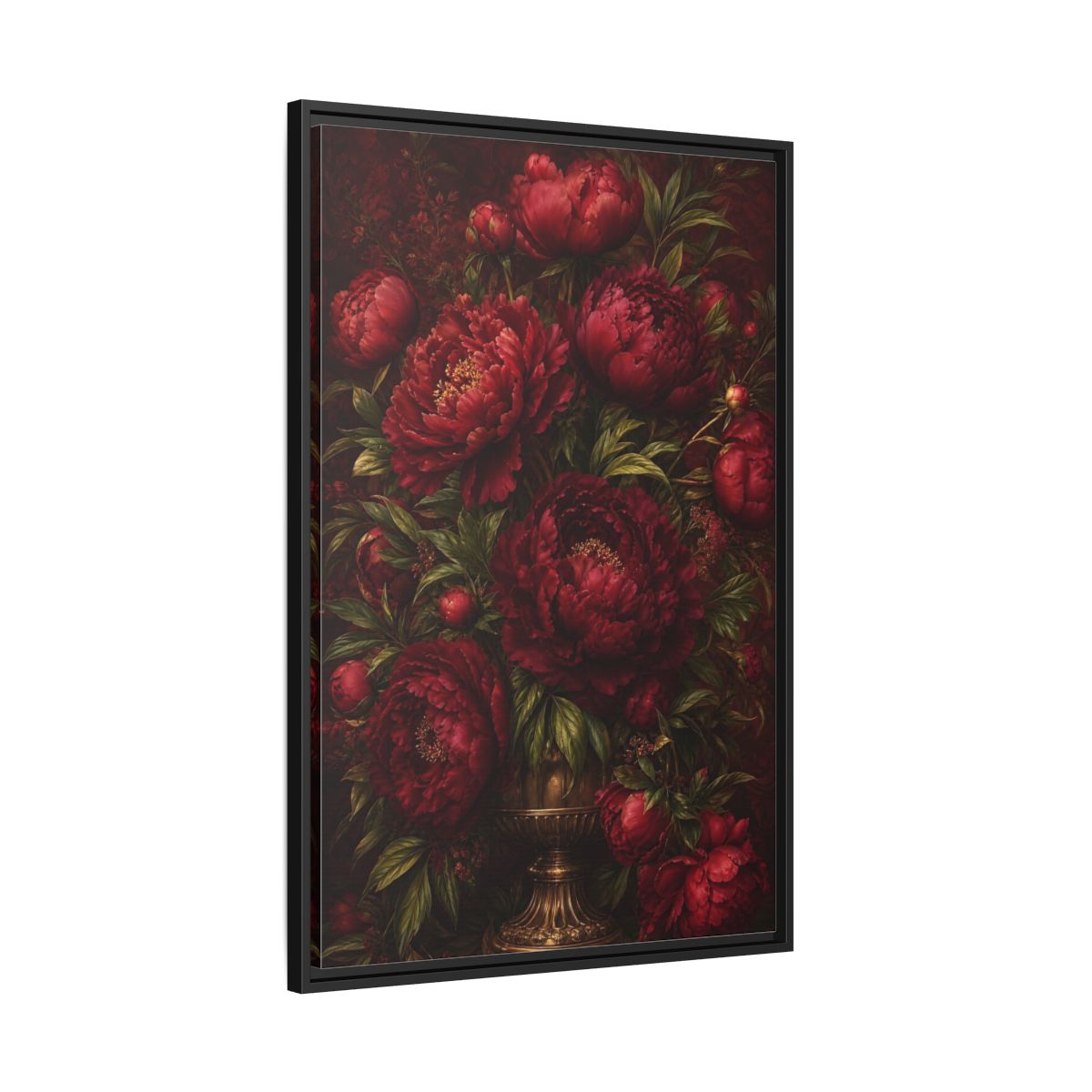 Side Mockup 13. Floral Peonies Red Peonies shown as framed canvas print