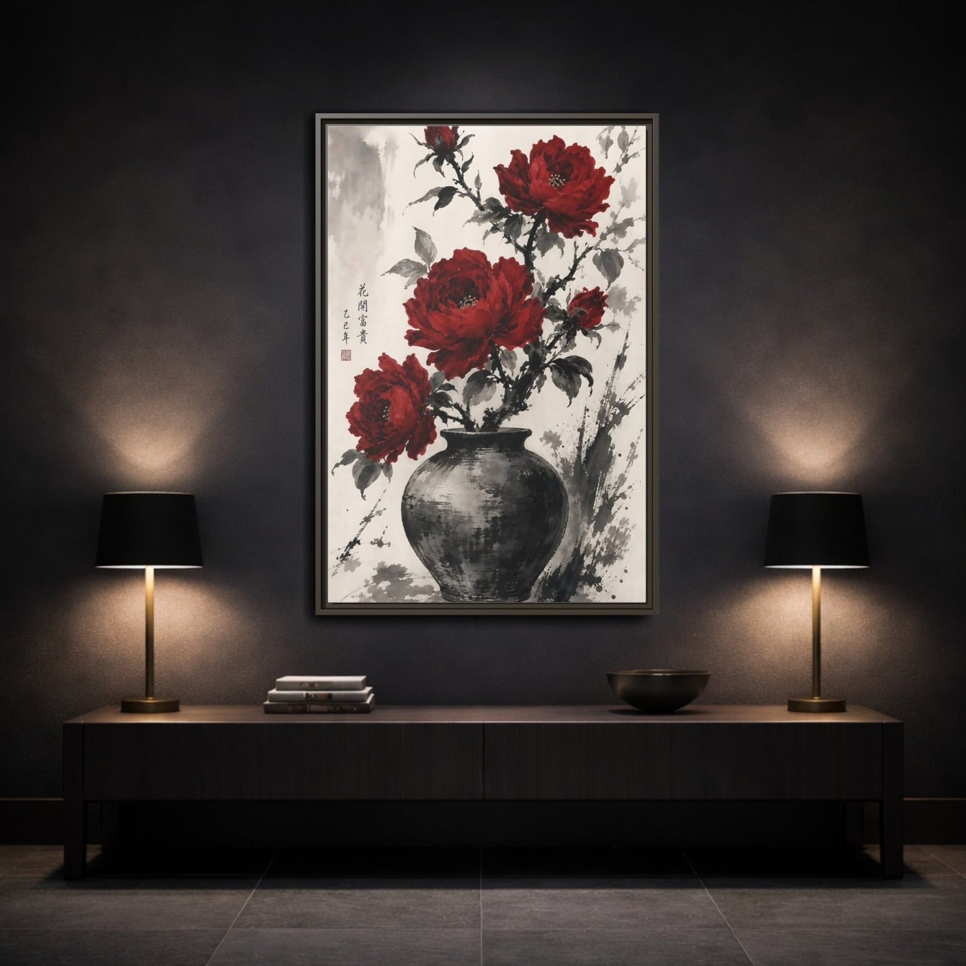 Floral Peonies Red Ink Framed Canvas Print Wall Art – Traditional Living Room, Above Sofa - YesArtYes