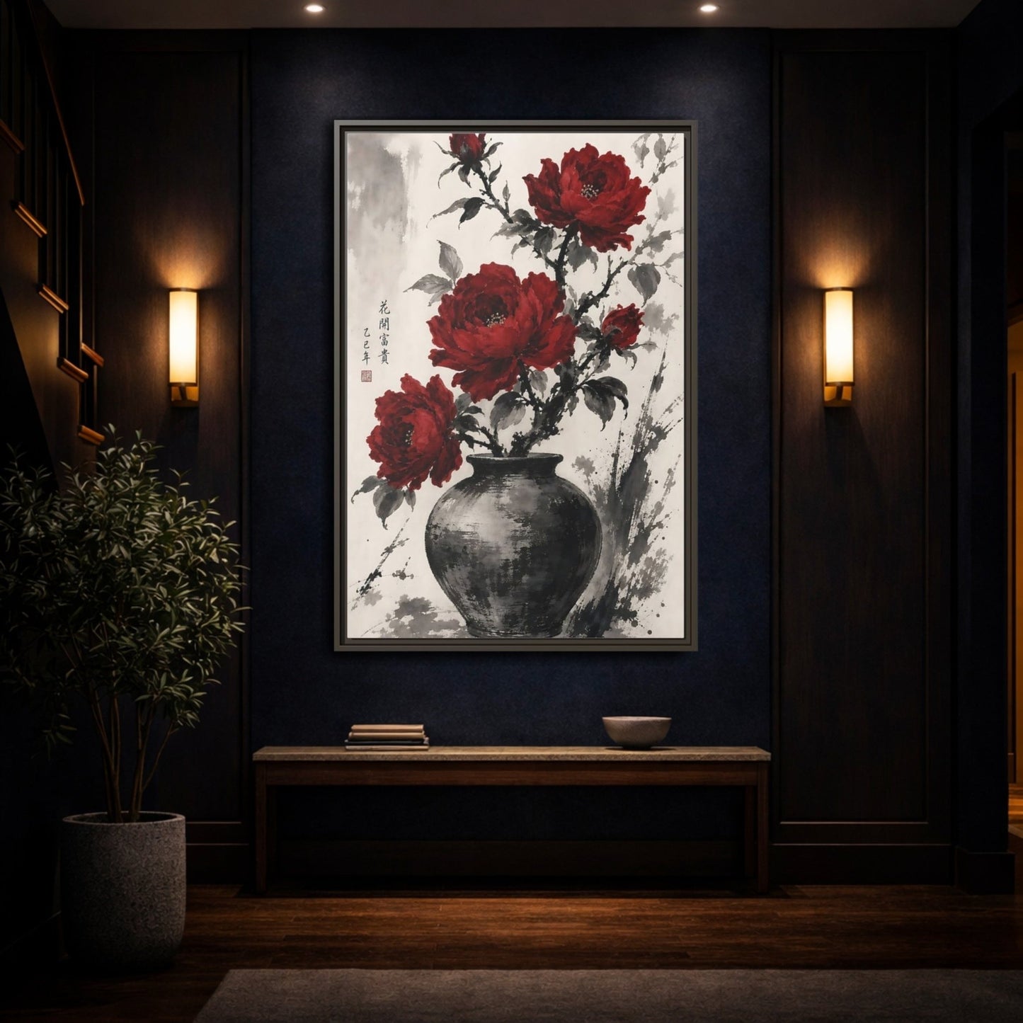 Floral Peonies Red Ink Framed Canvas Print Wall Art – Traditional Living Room, Above Sofa - YesArtYes