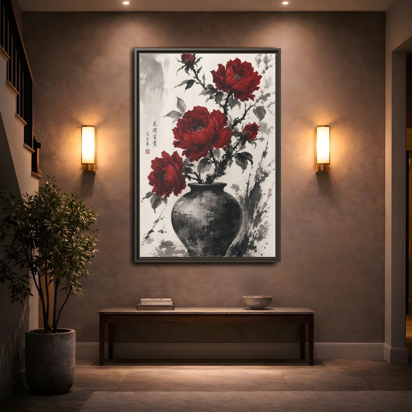 Floral Peonies Red Ink Framed Canvas Print Wall Art – Traditional Living Room, Above Sofa - YesArtYes
