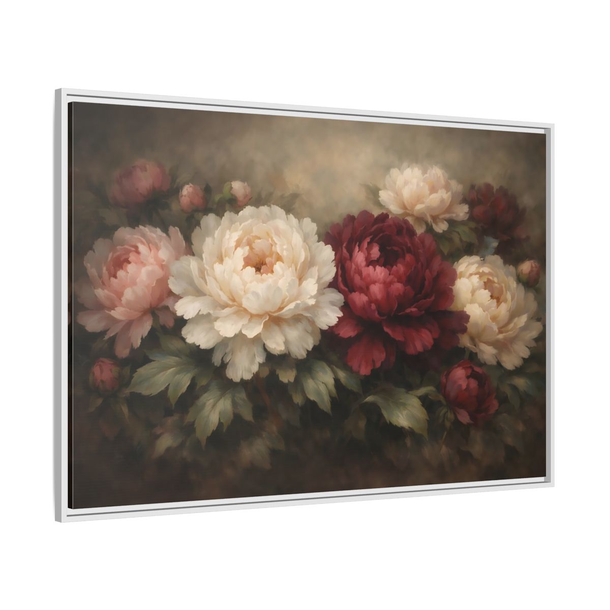 Side Mockup 7. Floral Peonies Red Pink Peonies shown as stretched canvas wall art