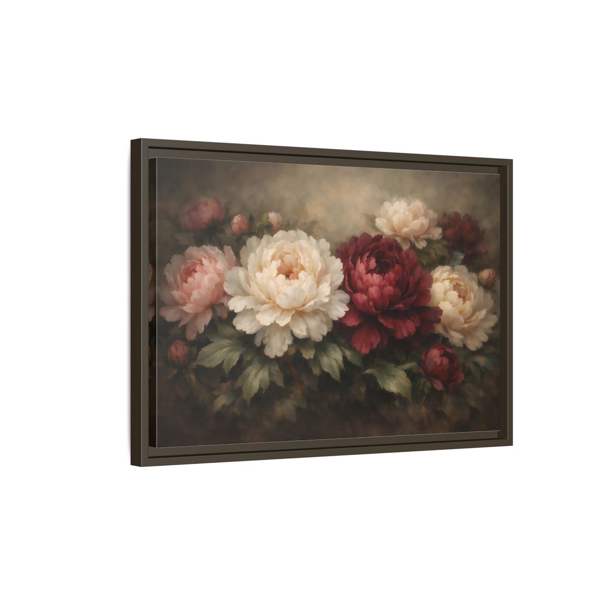 Side Mockup 2. Floral Peonies Red Pink Peonies shown as stretched canvas wall art