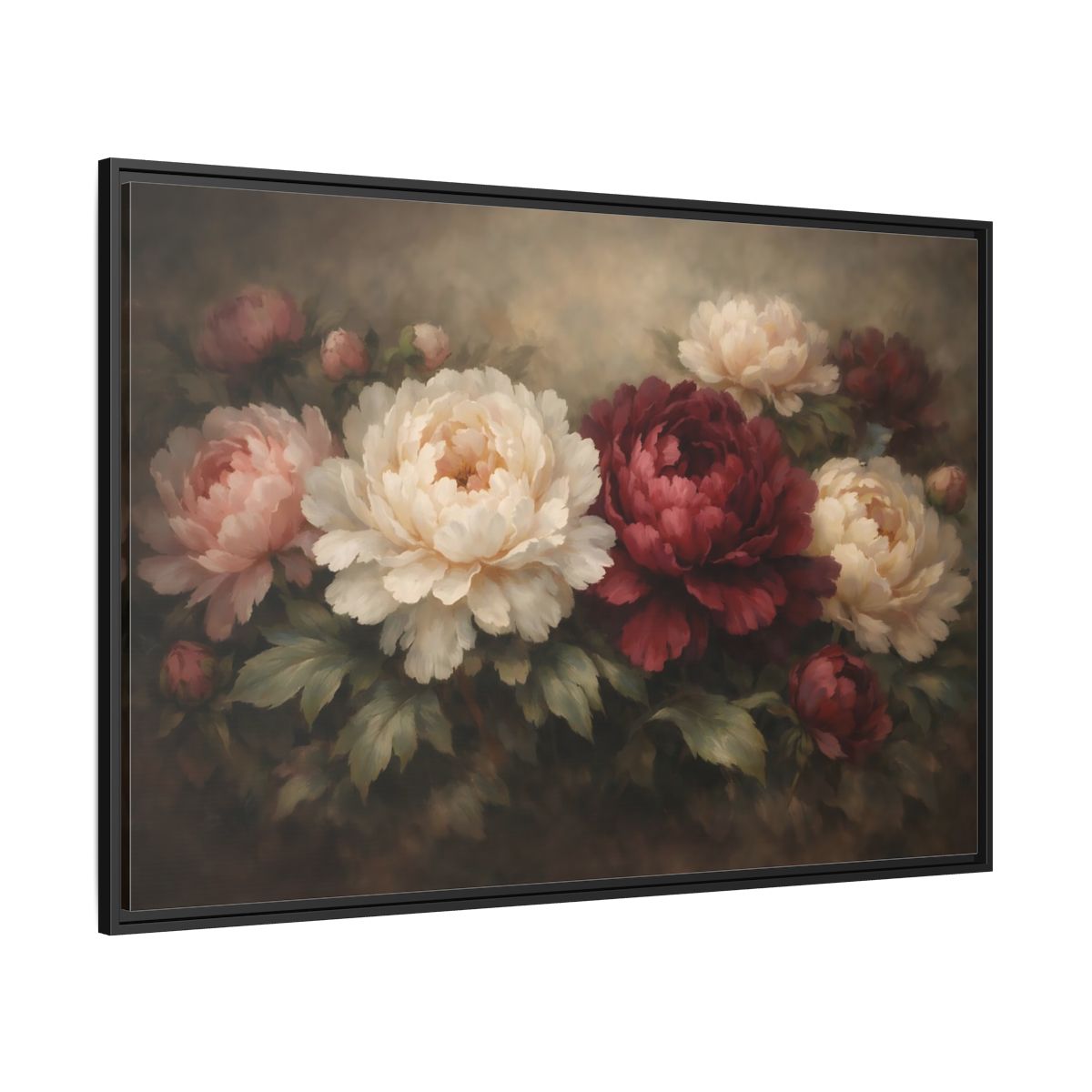 Side Mockup 12. Floral Peonies Red Pink Peonies shown as stretched canvas wall art