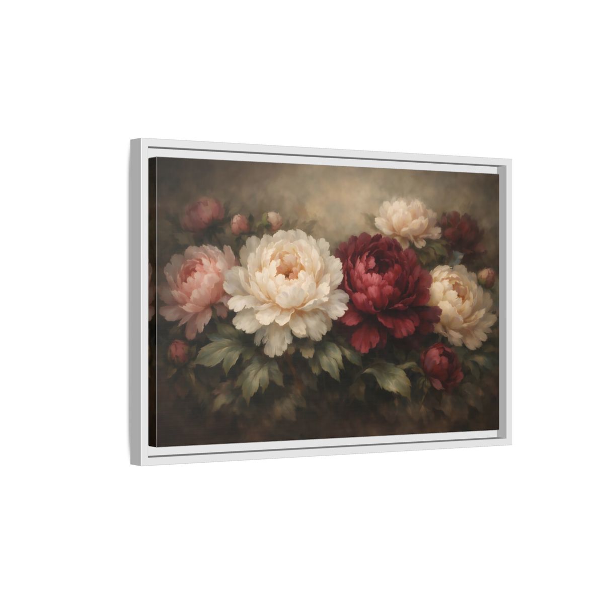 Side Mockup 1. Floral Peonies Red Pink Peonies shown as stretched canvas wall art