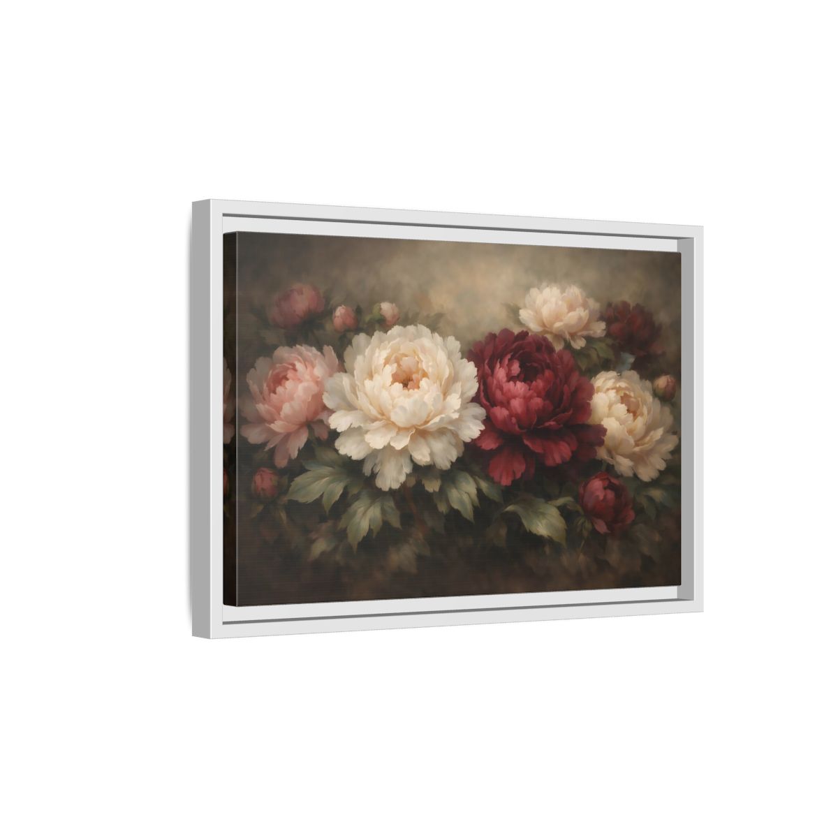 Side Mockup 4. Floral Peonies Red Pink Peonies shown as stretched canvas wall art