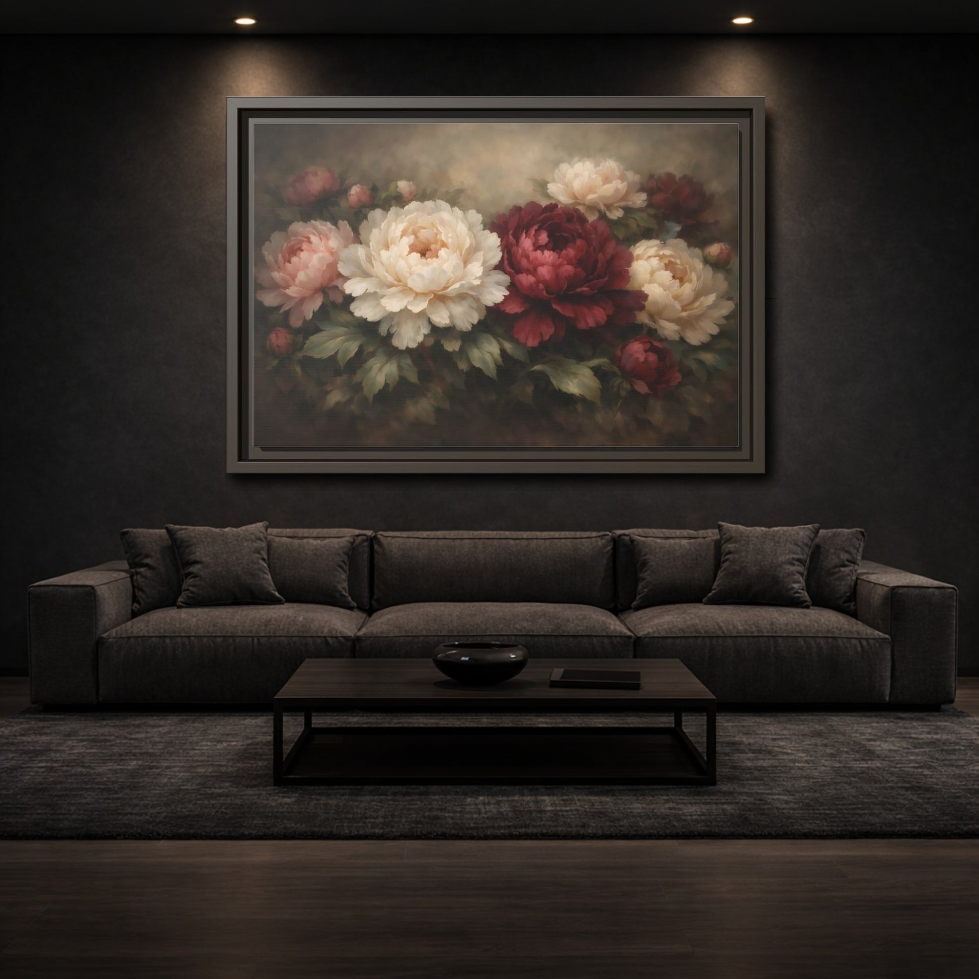 Mockup 2. Floral Peonies Red Pink Peonies shown as stretched canvas wall art