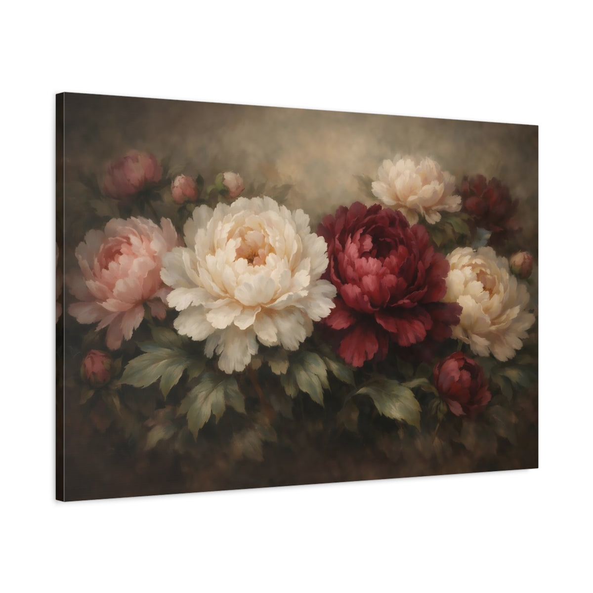Side Mockup 1. Floral Peonies Red White Peonies shown as stretched canvas wall art