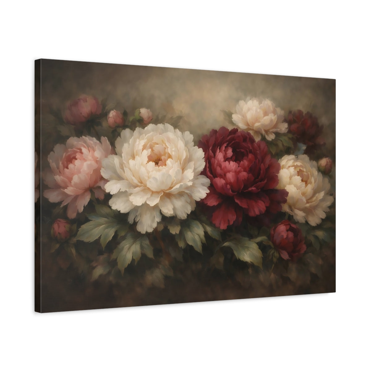 Side Mockup 2. Floral Peonies Red White Peonies shown as stretched canvas wall art