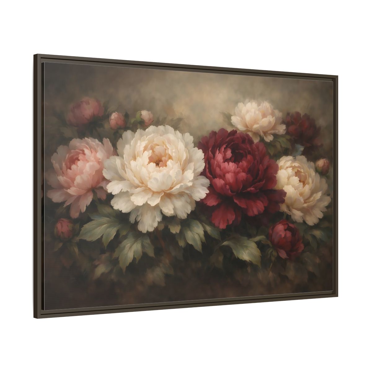 Main Mockup. Floral Peonies Red White Floral shown as stretched canvas wall art