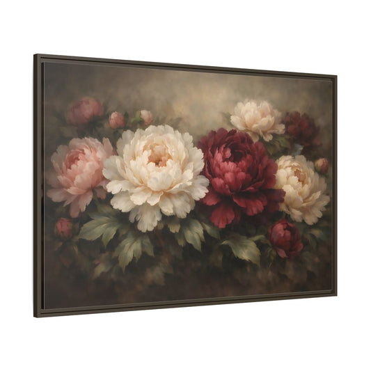 Main Mockup. Floral Peonies Red White Floral shown as stretched canvas wall art