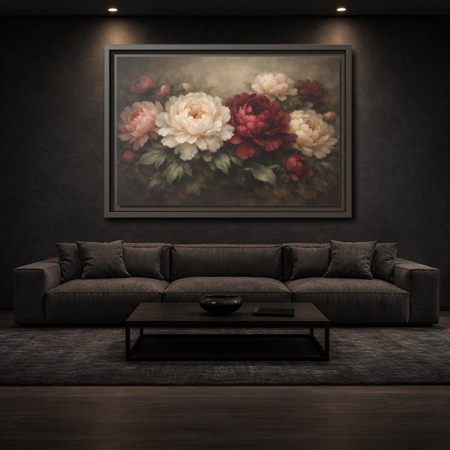 Mockup 2. Floral Peonies Red White Floral shown as stretched canvas wall art