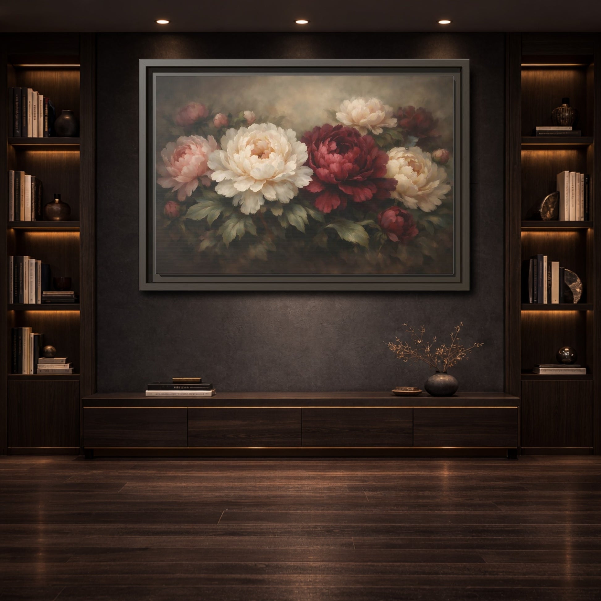 Mockup 3. Floral Peonies Red White Floral shown as stretched canvas wall art