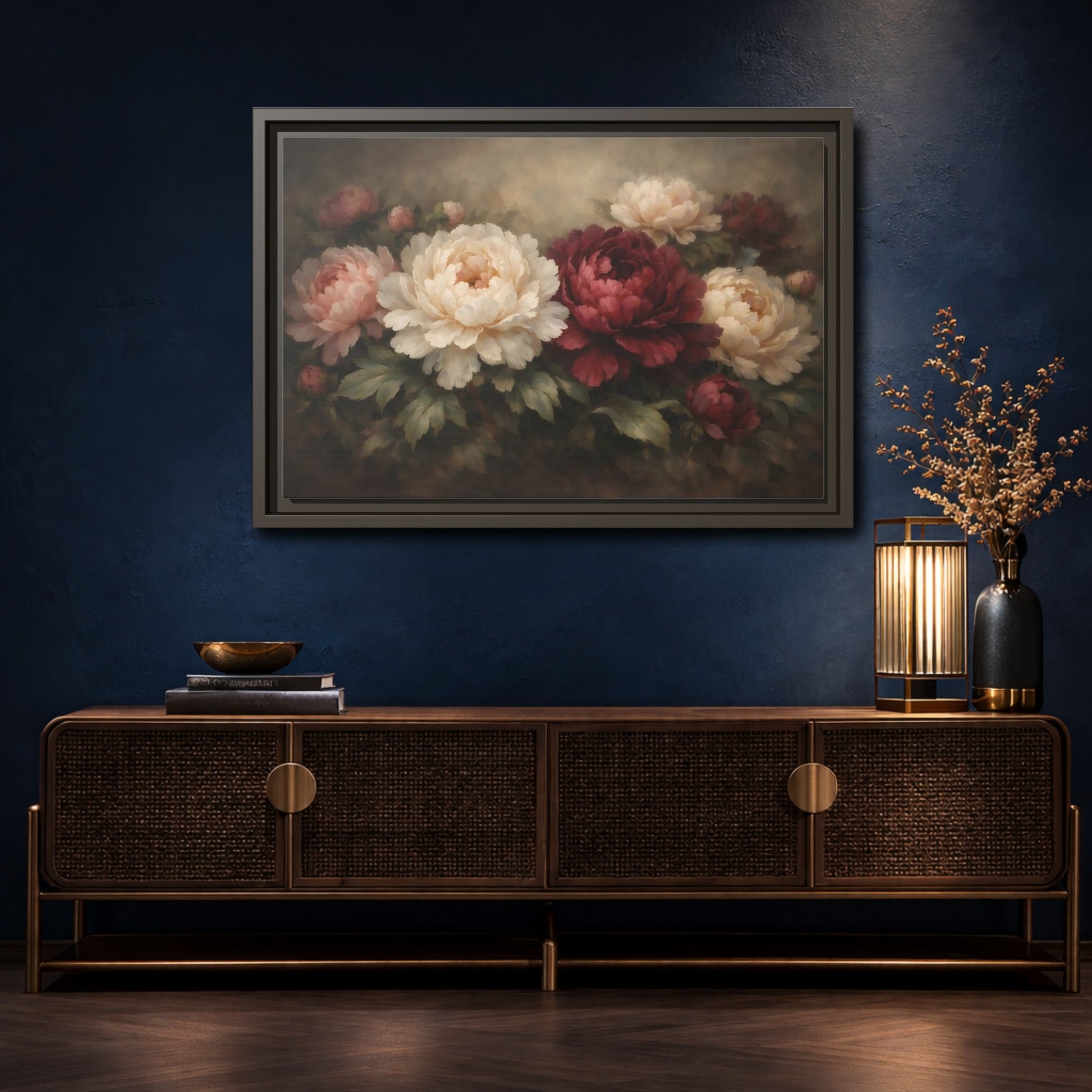 Mockup 4. Floral Peonies Red White Floral shown as stretched canvas wall art